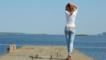 by the sea - sea, dock, woman, jeans