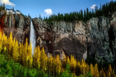 Rocks waterfall - trees, stone, beautiful, slope, mountain, waterfall, cliffs, sky, rocks