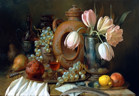 Still life - vase, yellow, flower, pink, still life, tulip, pear, grapes, pictura, red, painting, fruit, alexei antonov, apple, art, lemon