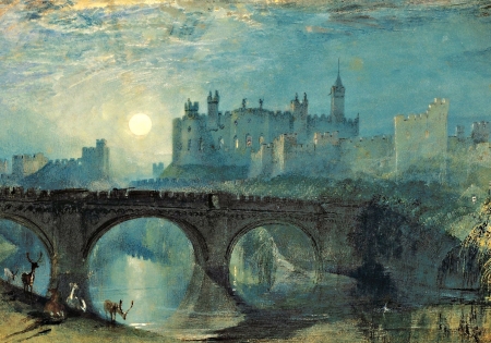 Alnwick castle  - sun, water, deer, painting, william turner, art, alnwick castle, blue, pictura, bridge