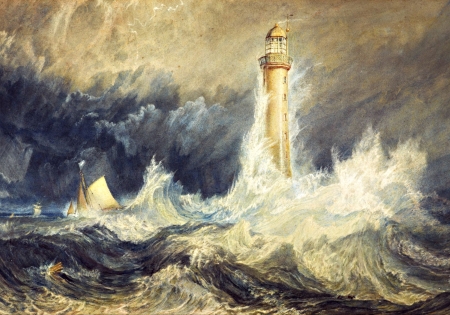 The lighthouse - lighthouse, ocean, storm, waves, painting, white, art, ship, william turner, blue, pictura, sea