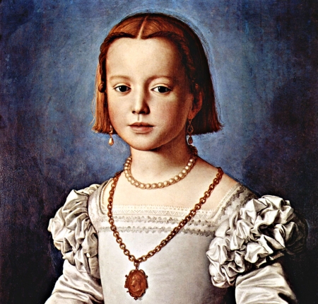 Bia De Medici - pearls, bronzino, pendant, redhead, girl, chain, child, painting, white, art, portrait, blue, pictura, bia de medici, little