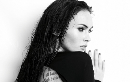 Megan Fox - white, tattoo, woman, actress, girl, megan fox, bw, black