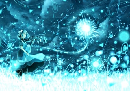 The light - bou nin, anime, blue, girl, light, guitar, manga, fantasy, instrument, white, art, luminos