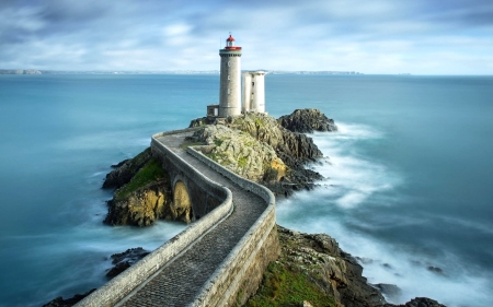 Lighthouse - clouds, path, rock, waves, sea