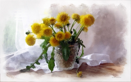 Dandelion Flowers - bouquet, blossoms, petals, vase