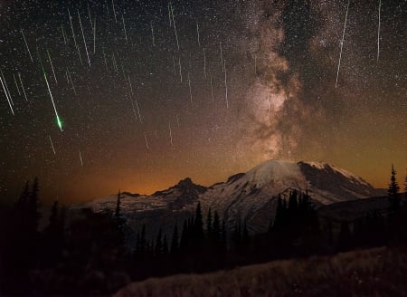 Meteors and Milky Way over Mount Rainier - space, fun, galaxies, stars, cool