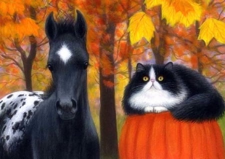 Waiting for Autumn - attractions in dreams, autumn, draw and paint, animals, pumpkins, horses, love four seasons, fall, cats, leaves, paintings, colors