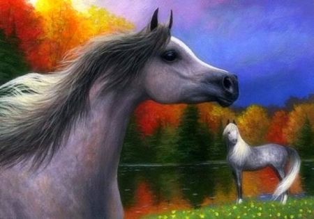 Autumn Horses - attractions in dreams, paintings, colors, fall, horses, autumn, lakes, love four seasons, draw and paint, animals