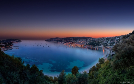 villefranche-sur-mer on the french riviera - town, boats, evening, bay, sea