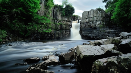 waterfall hdr - trees, cliff, river, hdr, waterfall, rocks