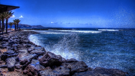 waves crashing a rocky shore hdr - shore, hdr, sea, splash, waves, rocks