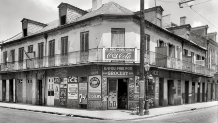 1937 store on a corner of bourbon street - street, BW, vintage, store