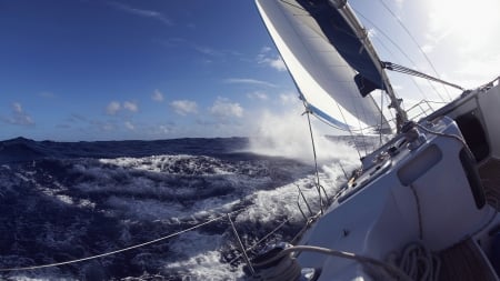 sailboat slicing through the waves - angle, sea, mist, waves, sailboat