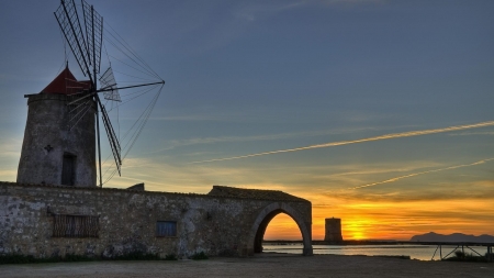 old stone windmill in sicily at sunset hdr - water, stone, windmill, sunset, hdr