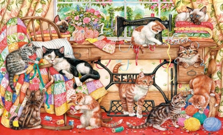 Sewing Room Kitties - cat, kittens, animals, debbie cook, pisica, kitten, sewing, art, luminos, cats, animal, cute