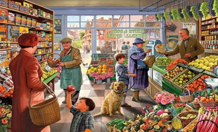 General Store - painting, people, store, dog, vegetables, food