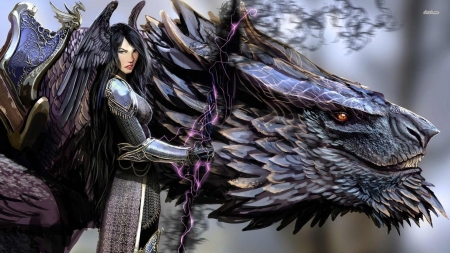 warrior and her dragon - woman, dragon, weapon, warrior