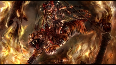 warrior and her tiger - warrior, tiger, lance, woman