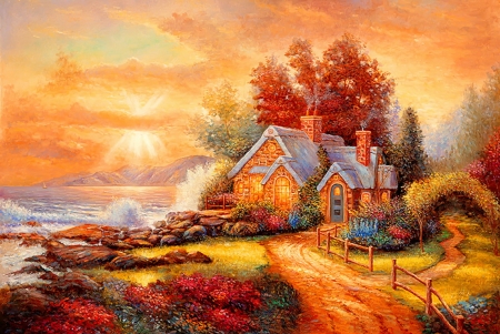 Countryside cottage - art, peaceful, beautiful, countryside, house, cottag, sunset, sunrise