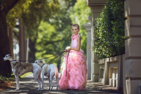 Girl with dogs - julia altork, animal, dress, girl, dog, little, pink, child