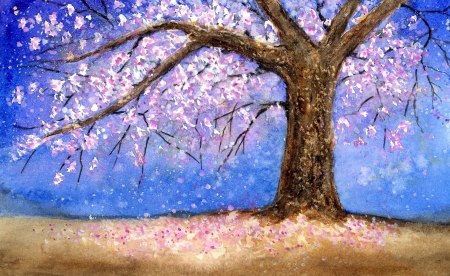 Spring - flower, pink, blossom, blue, art, pictura, cherry, tree, painting