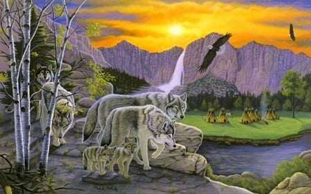 Path of the Wolves Spirit - paintings, family, wolves, eagle, mountains, love four seasons, draw and paint, animals, wildlife