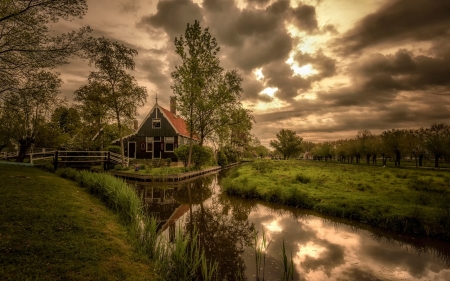 Riverside Home - nature, sky, cloud, river, house