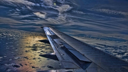 plane wing tip above the clouds hdr - plane, clouds, sunset, wing, flight, hdr