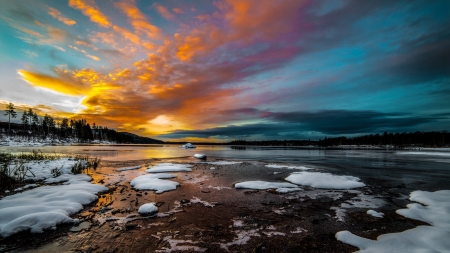 wonderful sunrise on a winter lake - lake, clouds, winter, shore, sunrise