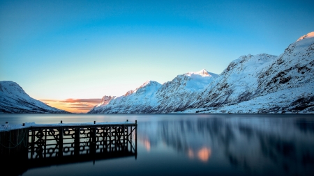 pier on a mountain lake in winter - calm, lake, pier, winter, mountains