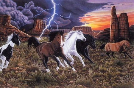 Thunder Run - attractions in dreams, fields, paintings, run, thunder, horses, love four seasons, draw and paint, animals