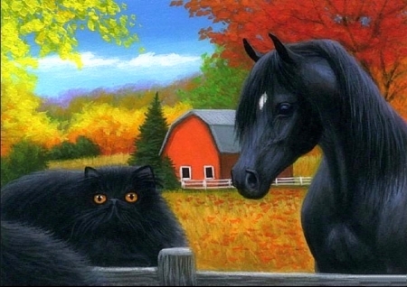 Black Friends - attractions in dreams, autumn, draw and paint, animals, horses, love four seasons, fall, cats, leaves, paintings, colors, farms