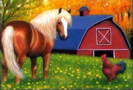 Time on the Farm - attractions in dreams, autumn, hen, draw and paint, animals, horses, love four seasons, fall, paintings, colors, farms