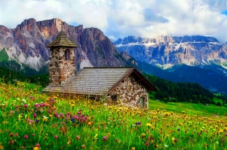 Church in Alps - slope, sky, mountain, landscape, greenery, summer, view, church, beautiful, alps, grass, wildflowers, cliffs