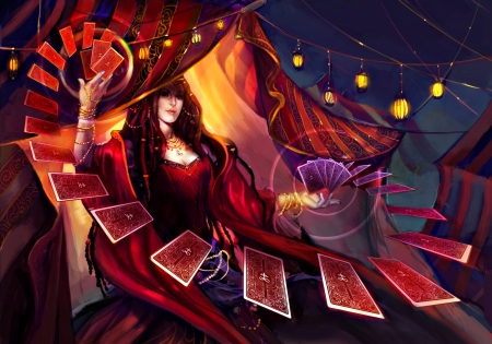 Fortune teller - sorceress, game, girl, light, fortune teller, witch, fantasy, red, woman, gipsy, madame moriarty, card