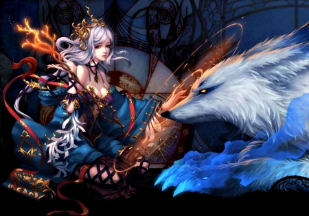 Sorceress - sorceress, game, blue, fox, girl, orange, black, fantasy, white, woman