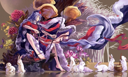 Archer - rabbit, anime, water, archer, girl, kimono, flower, pink, bunny, arrow, manga, white, purple, red, art