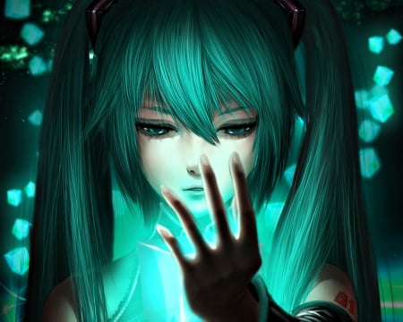 Hatsune Miku - monkey buonarroti, anime, vocaloid, girl, hatsune miku, manga, hand, green, luminos