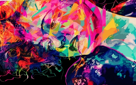 Abstract face - face, pink, black, yellow, abstract, girl, blue, art, rainbow, woman, colorful, green