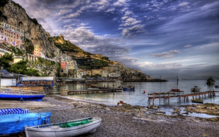 Beautiful Place - mountains, beach, sea, boat