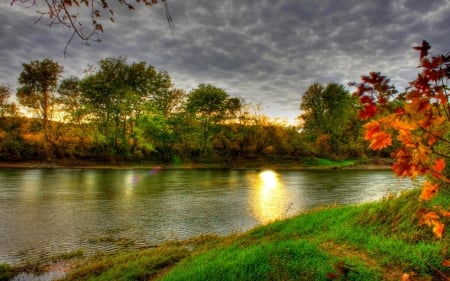 wonderful riverscape hdr - river, trees, sunset, shore, hdr, autumn, grass