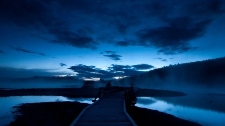 pier between sand bars at dusk - river, dusk, sand bars, pier