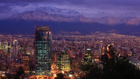 andes mountains around santiago chile - clouds, city, mountains, dusk, lights