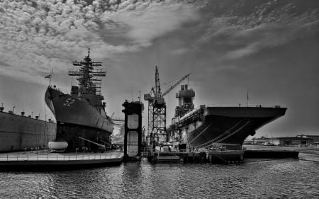 military ships at dry dock in BW - dry docks, military, ships, harbor, BW