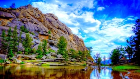 superb mountain lake hdr - sky, lake, rocks, bushes, mountain, kids, hdr