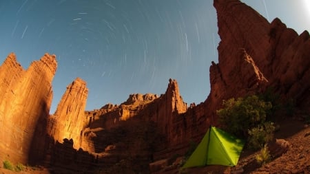 camping under the stars - tent, canyon, fisheye, desert, stars