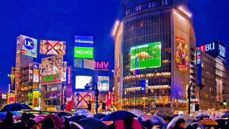 rain on a busy tokyo street - umbrellas, street, evening, people, rain, city, ads