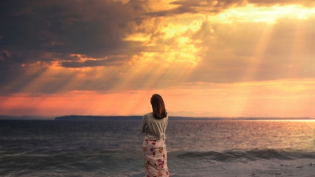 the meaning of loneliness - sunset, rays, woman, sea, shhore