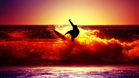 surfing on red waves at sunset - red, surfer, sunset, sea, waves